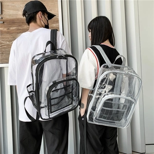 Outdoor model display of transparent waterproof backpack with black trim and mesh side pocket