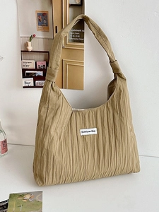 Women Korean Casual Pleated Tote Bag Large Capacity Polyester Shoulder Bag Minimalist Crinkled Daily Chic Hobo Handbag