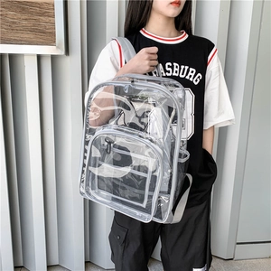Waterproof clear PVC backpack with gray trim and adjustable straps for travel and school