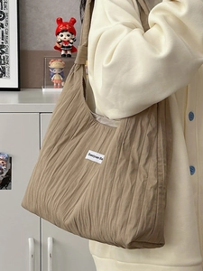 Minimalist pleated shoulder tote bag in khaki coffee brown with large capacity design
