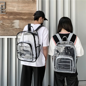 Detail view of transparent PVC backpack with black and gray trim and mesh pockets