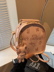Women Mini Fashion Backpack PU Leather Vintage Cartoon Bear Print Travel Bag With Bear Charm For Daily Casual Use