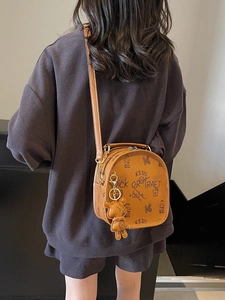 Light brown retro PU leather backpack with bear print and cute bear charm pendant