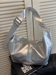 Metallic silver large hobo bag with adjustable strap and polished buckle for women
