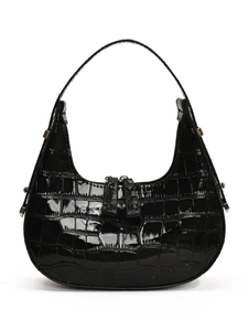 Borsa hobo nera lucida con stampa coccodrillo e dettagli in metallo argentato