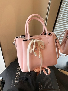 Korean Style Fashion PU Leather Bucket Bag For Women Sweet Artificial Pearl Bow Ribbon Pendant Crossbody Handbag Daily Shoulder Bag