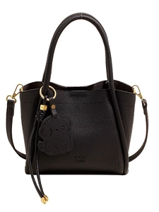 Black pebble leather crossbody bucket bag with dog pendant and golden logo hardware