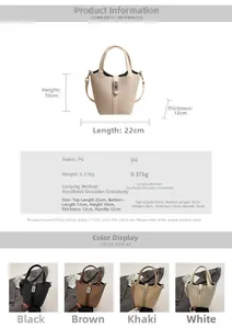 Detailed view of woven bucket bag dimensions and four available color options