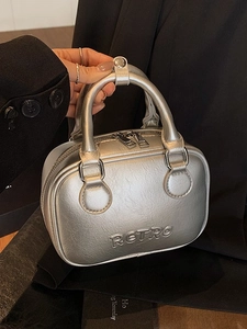 Metallic silver Boston handbag with RETRO embossed design and double top handles