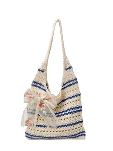 Sac cabas au crochet fait main avec rayures bleues et nœud brodé de roses roses élégant