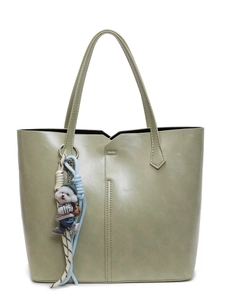 Minimalist sage green large capacity tote bag with cute cartoon puppy pendant charm