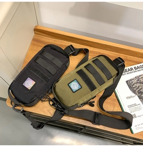 Detail of waterproof tactical chest bags in black and olive with holographic globe logos