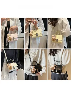 Detailed grid view of minimalist crossbody bags in multiple colors with bear charms