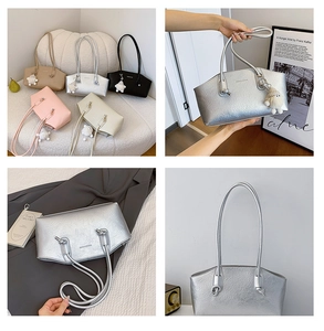 Detail showing five colors of textured leather shoulder bags with plush doll charms