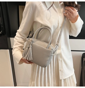Close-up of light gray pleated leather handbag with silver hardware and tassel detail