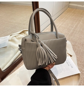 Detailed view of light gray pleated handbag with decorative long tassel and grain texture