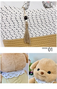 Detail of woven straw tote bag with tassels and plush dog toy in yellow dress
