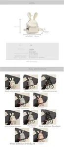 Size chart for cute bunny ear mini backpack showing detailed dimensions and weight info