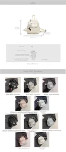Detailed view of mini PU leather backpack showing dimensions 19.5x19x11cm and 0.28kg weight