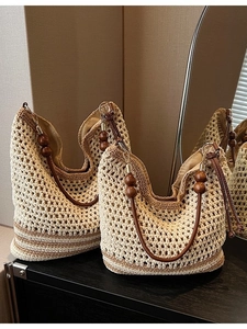 Women Large Capacity Hollow Out Woven Bag Straw Crochet Tote Bag With Wooden Beads Vintage Summer Vacation Shoulder Bag