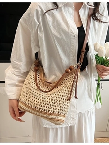 Hollow out woven crochet shoulder bag with wooden beads decoration and leather straps
