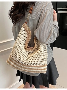 Bohemian crochet knit shoulder bag with unique dark wooden bead strap for summer beach vacation