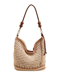 Chic woven crochet shoulder bag with brown leather straps and decorative wooden beads