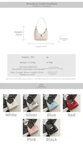 Detailed chart of women PU hobo bags showing dimensions and six available colors