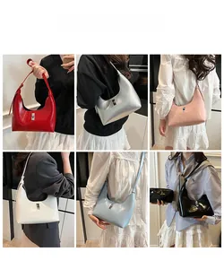 Collage of six colors showing crescent underarm bags with metallic buckles on models