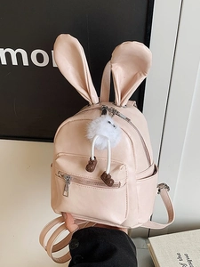 Pink PU leather mini backpack with bunny ears and white plush pom-pom charm for girls