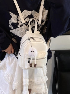 Women Mini Backpack Shiny PU Leather Fashion Street Style Small Rucksack With Plush Monster Charm For Daily Travel Shopping
