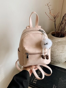 Pink PU leather mini backpack for women with creative plush doll pendant and matte finish