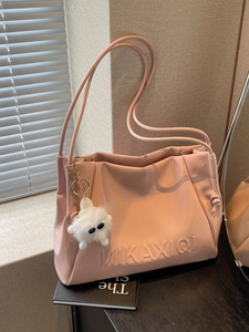 Women Underarm Bag Retro PU Leather Pleated Tote Bag With Plush Monster Pendant Casual Shoulder Bag Versatile Ladies Handbag