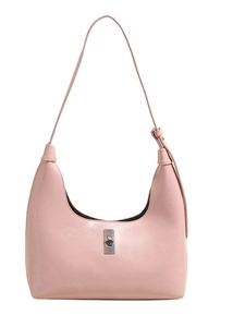 Chic pink hobo bag with glossy finish and silver buckle closure on white background