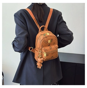 Detail of a brown leather backpack featuring teddy bear patterns and a cute bear charm