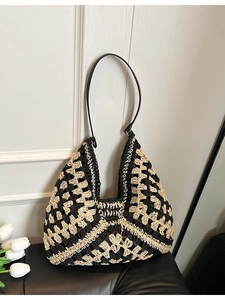 Sac à Épaule en Paille Tissée Vintage pour Femmes Sac Cabas au Crochet Géométrique Bandoulière en Cuir PU Sac de Plage