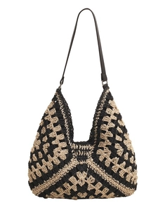 Sac à bandoulière hobo tissé à la main avec motifs géométriques jaune-noir et lanière cuir