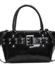 Borsa tote nera lucida alla moda con fibbia in argento punk e borchie in metallo