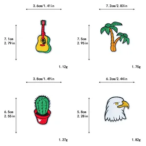 Size guide for embroidered patches showing dimensions of guitar, palm tree, and eagle designs