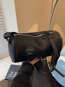 Women Casual Nylon Cylinder Crossbody Bag Large Capacity Solid Color Shoulder Bag With Wide Letter Strap Urban Fashion Commute