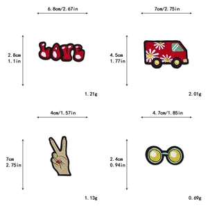 Detailed view of DIY embroidered patches with size dimensions for retro love motifs
