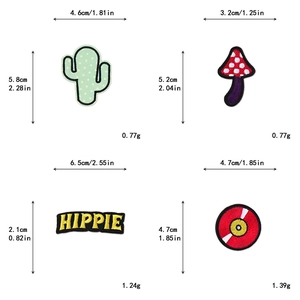 Detailed size chart for cactus, mushroom, and hippie letter embroidery patches