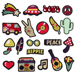 Embroidered Patches DIY Decorative Sewing Iron On Patches Guitar Radio Mushroom UFO Peace Sign Retro Hippie Applique For Clothes Bags Shoes