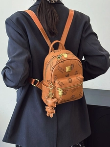 Brown vintage teddy bear print mini backpack for women with adjustable straps