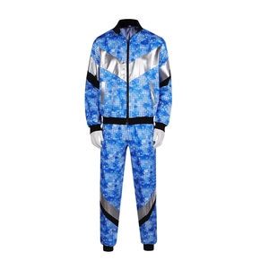 80s Retro Disco Trainingspak Jas En Broek Sterrenblauw Pixel Print Halloween Prestatie Kostuum Unisex Vintage Sportswear
