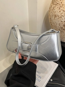 Vintage Women PU Leather Underarm Baguette Bag Minimalist French Style Shoulder Bag With Large Metal Buckle Detail Lady Purse