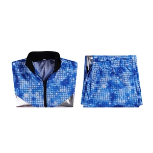 Retro jaren 80 disco hip hop trainingspak blauw met mozaïekpatroon voor cosplay kostuum