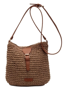 Retro brown straw woven crossbody bag with leather strap and metal buckle for summer beach