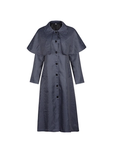 Détail du manteau de détective rayé bleu et gris avec cape amovible pour cosplay