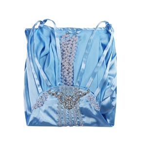 Blauwe Star Wars Koningin Amidala cosplay jurk met zilver kant en parels op wit decor